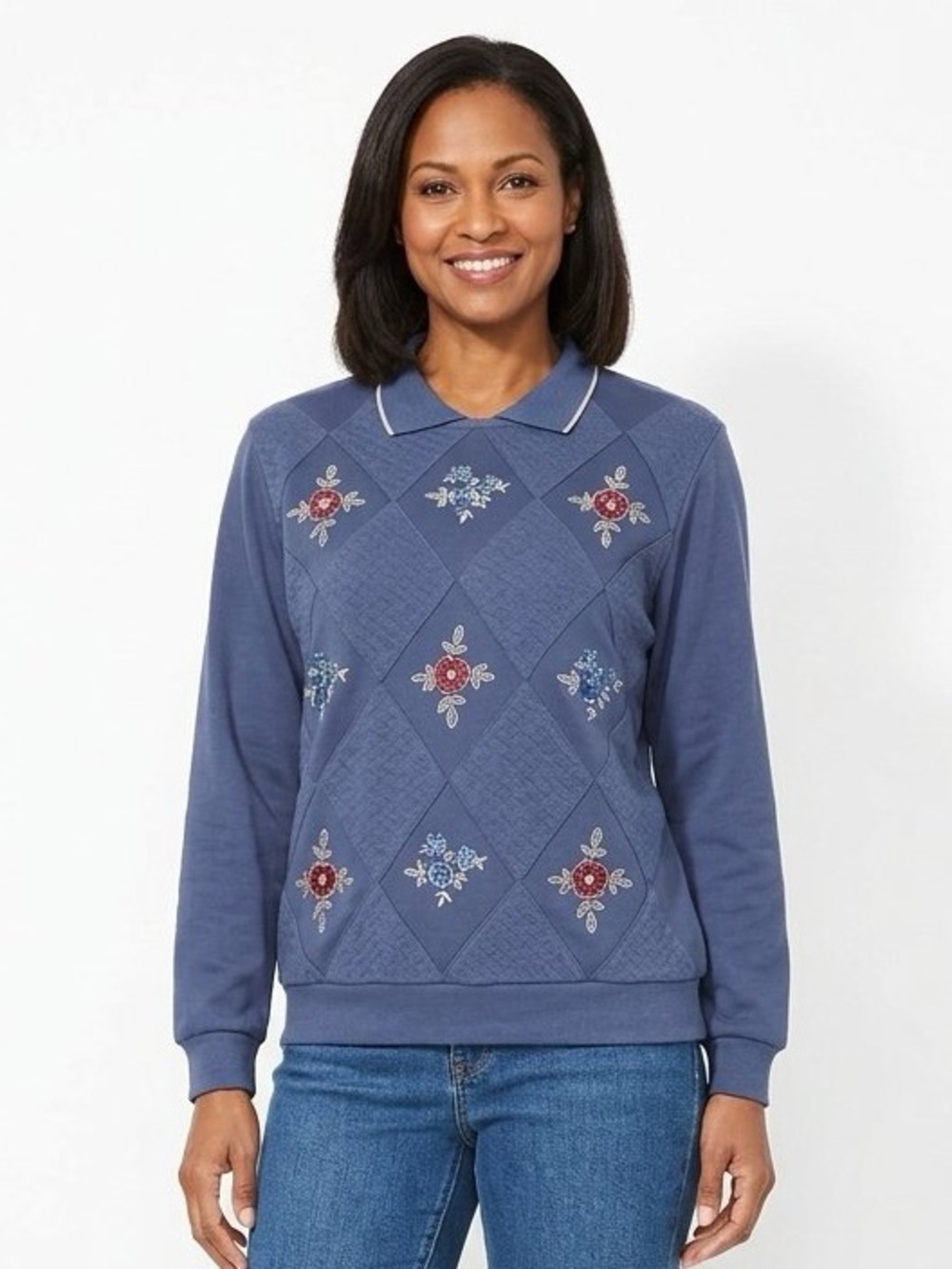 ALFRED DUNNER Blue Collared L/S Crew Neck Top M Medium Quilted Embroidered lcsr